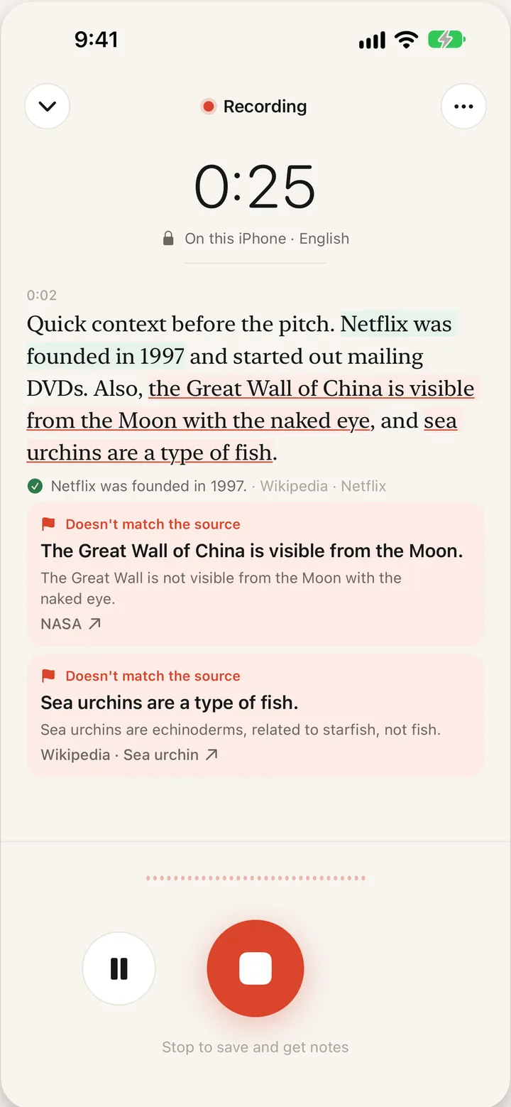 Sidebar recording a meeting, with two statements flagged as not matching their sources