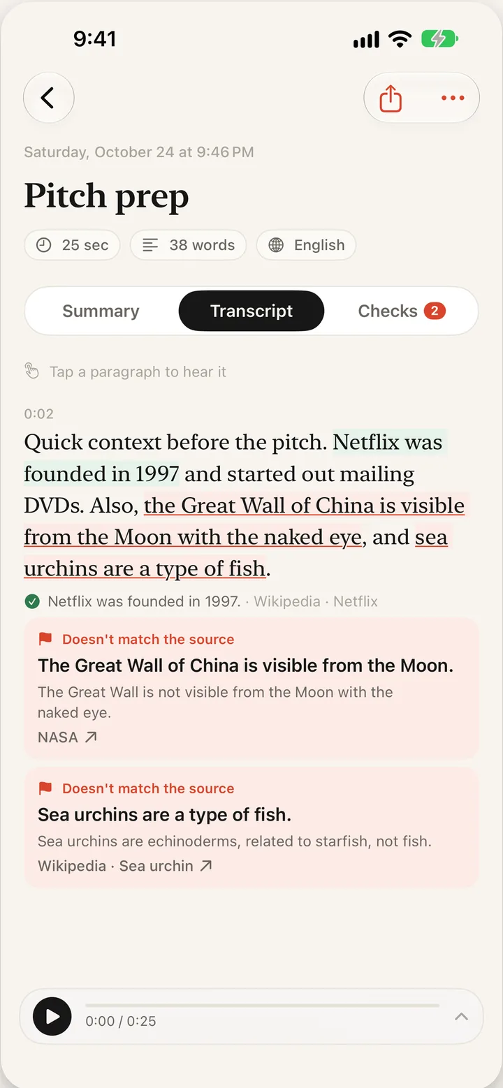 A transcript with flagged claims underlined and their sources below